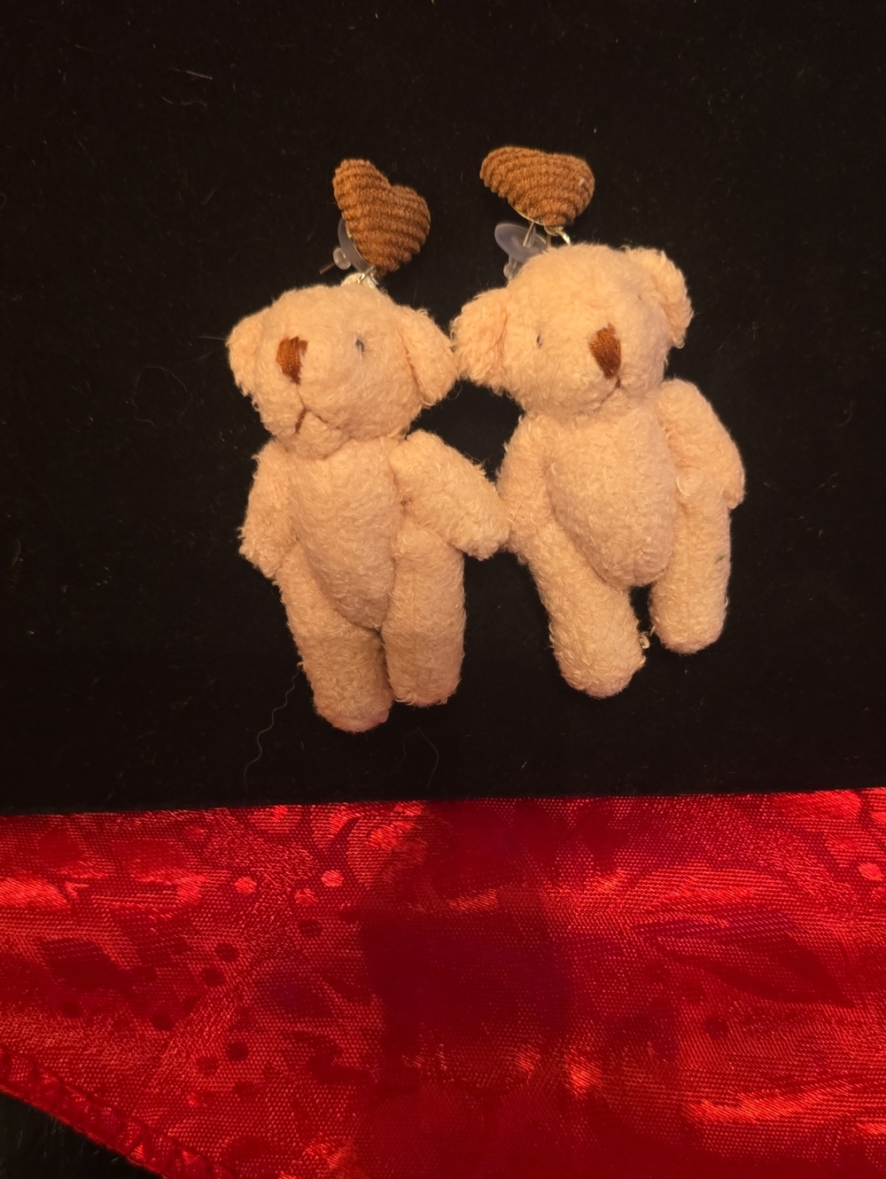 Plush Teddy Bear Drop Earrings - Beige with Brown Heart Accent